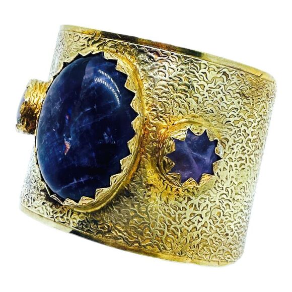 Antique Brutalist Amethyst Brass Cuff Bracelet - Picture 8 of 12